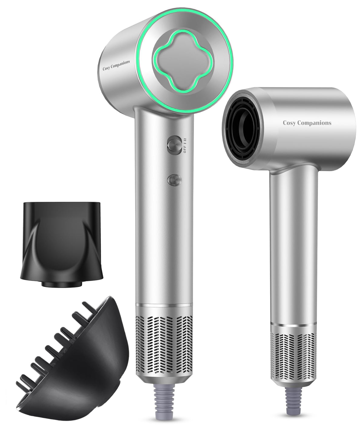 Cosy Companions High-Speed Ionic Hair Dryer front view in silvery finish