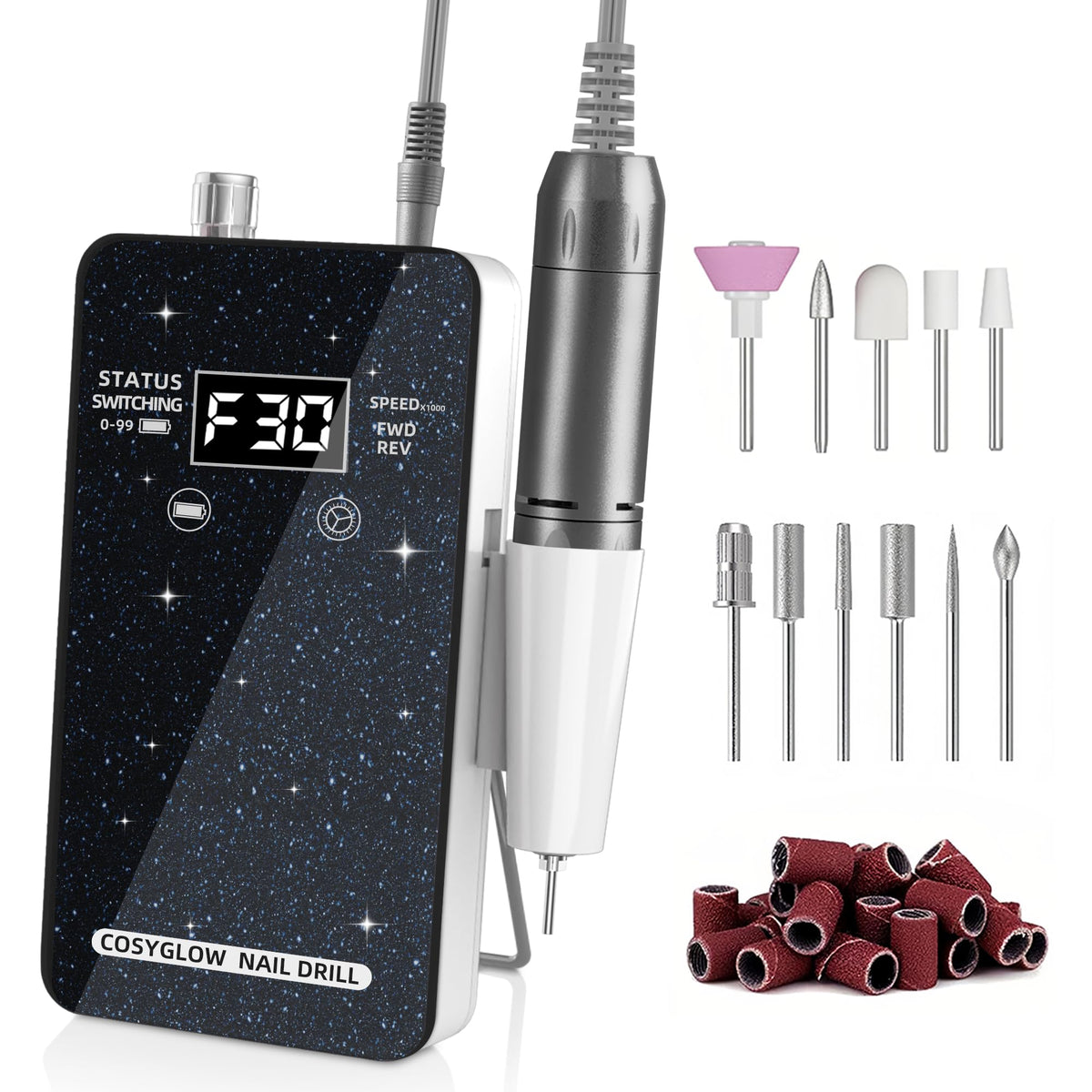 COSYGLOW Portable Nail Drill Kit front view with glitter design