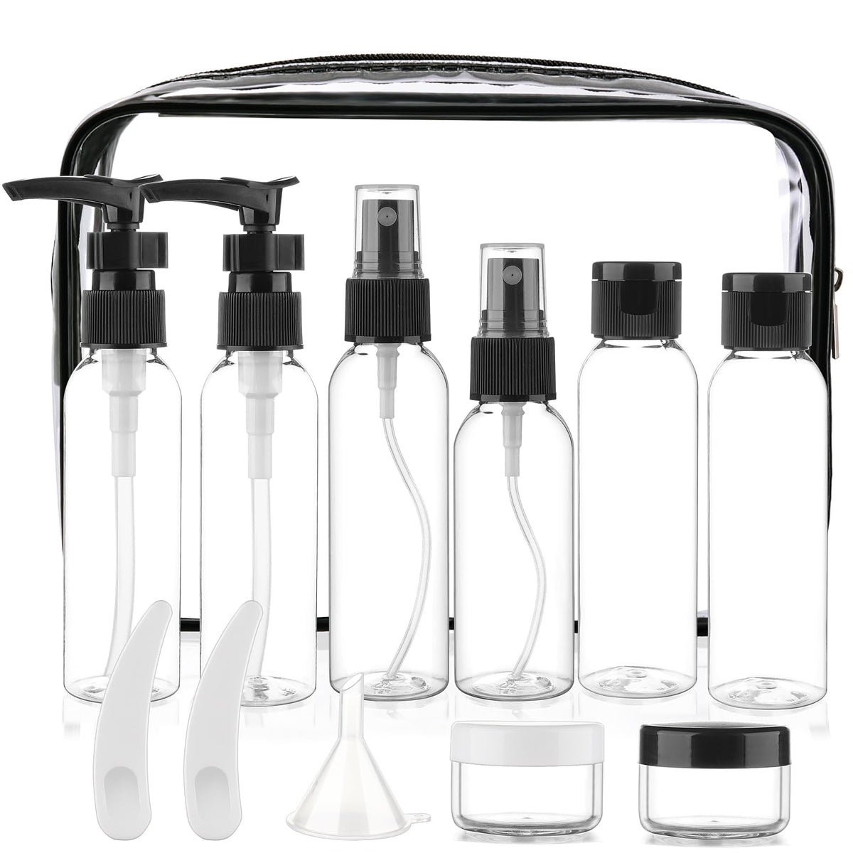 Cosywell 13-Piece Travel Bottles Set featuring various sizes and clear toiletry bag