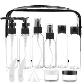 Cosywell 13-Piece Travel Bottles Set featuring various sizes and clear toiletry bag