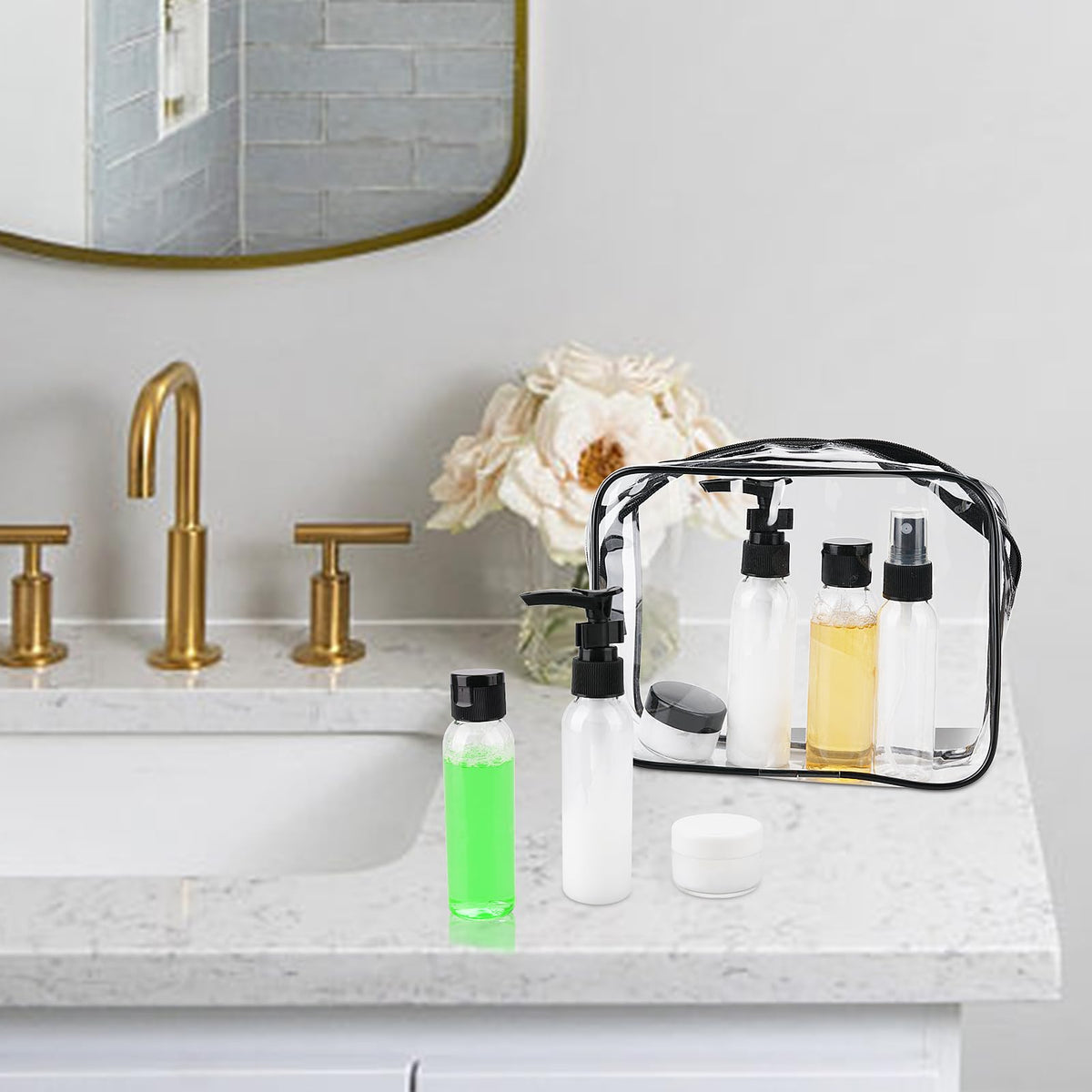 Cosywell 13-Piece Travel Bottles Set shown in a lifestyle setting