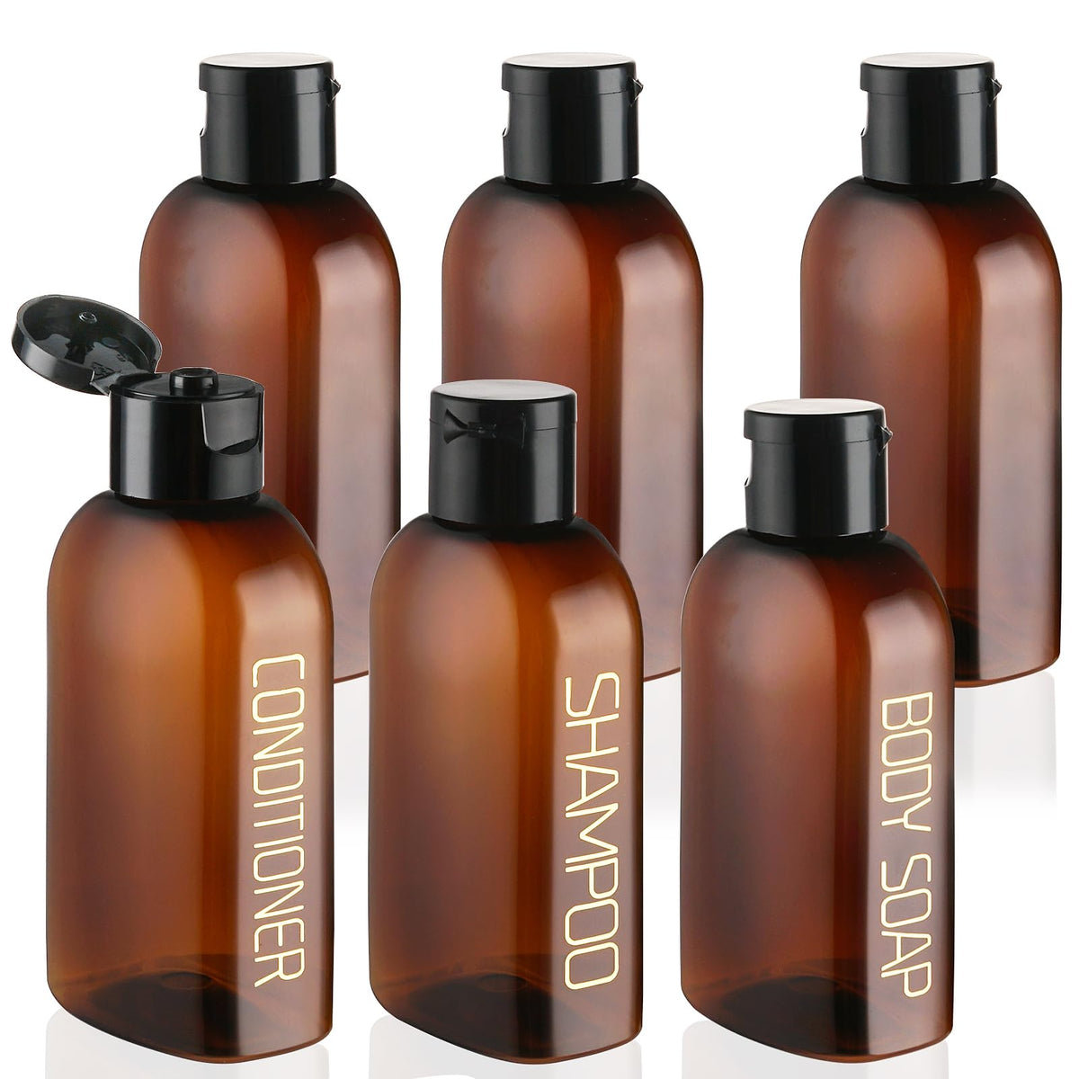 Cosywell Travel Bottles set with labelled shampoo, conditioner, and body soap