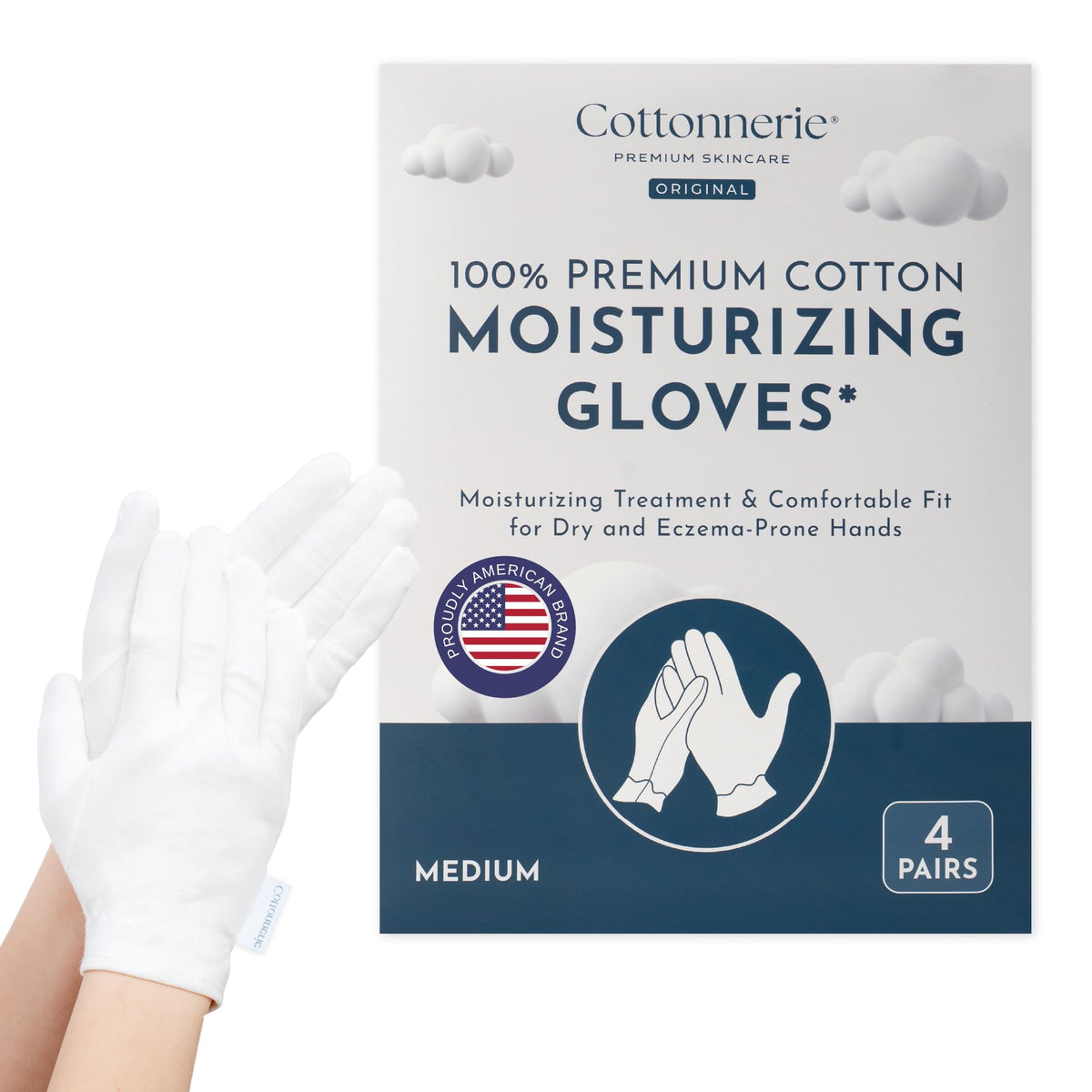 COTTONNERIE moisturizing gloves front view, white cotton