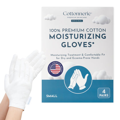 COTTONNERIE moisturizing gloves front view, white cotton fabric