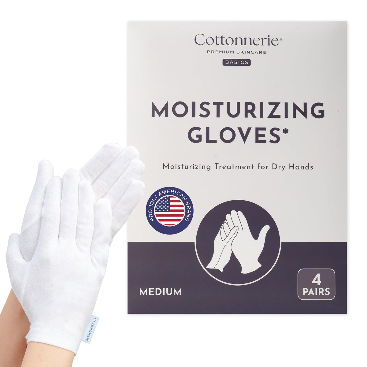 COTTONNERIE moisturizing gloves front view, white cotton material