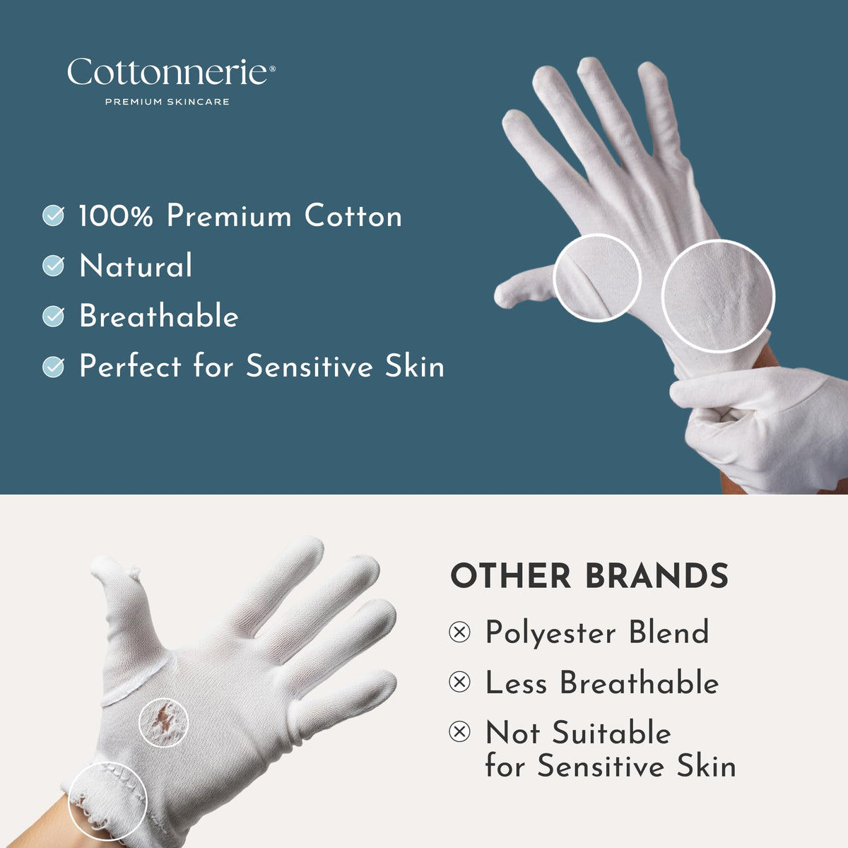 COTTONNERIE moisturizing gloves laid flat with lotion bottle