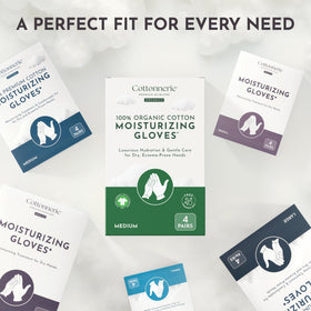 COTTONNERIE moisturizing gloves on hands, demonstrating fit