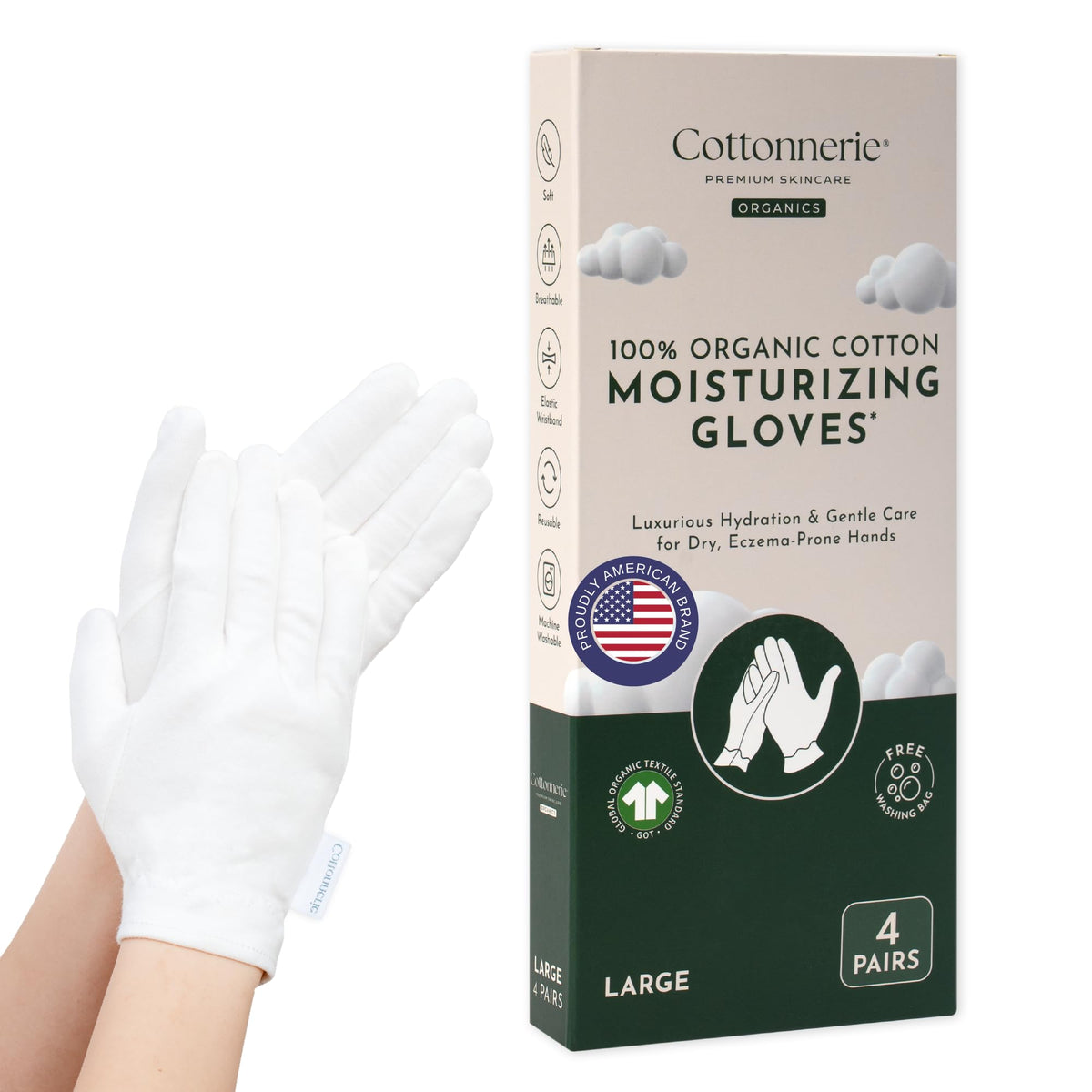 COTTONNERIE Organic Cotton Moisturizing Gloves front view