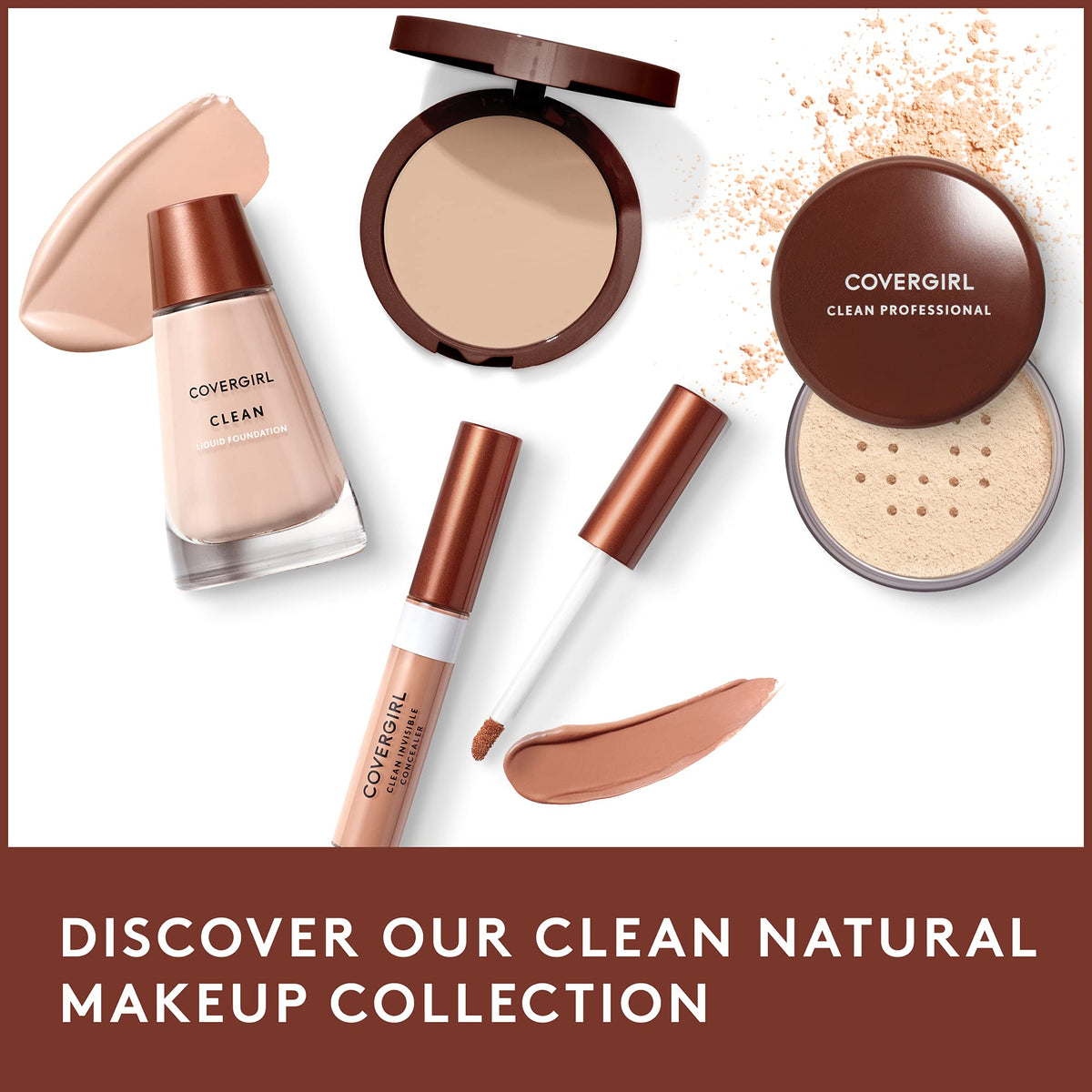 COVERGIRL Clean Makeup Foundation Natural Beige with makeup accessories
