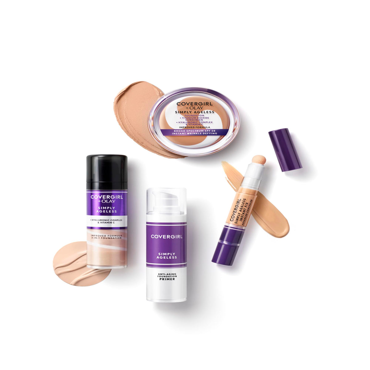 COVERGIRL Simply Ageless Foundation 275 Soft Sable with makeup accessories