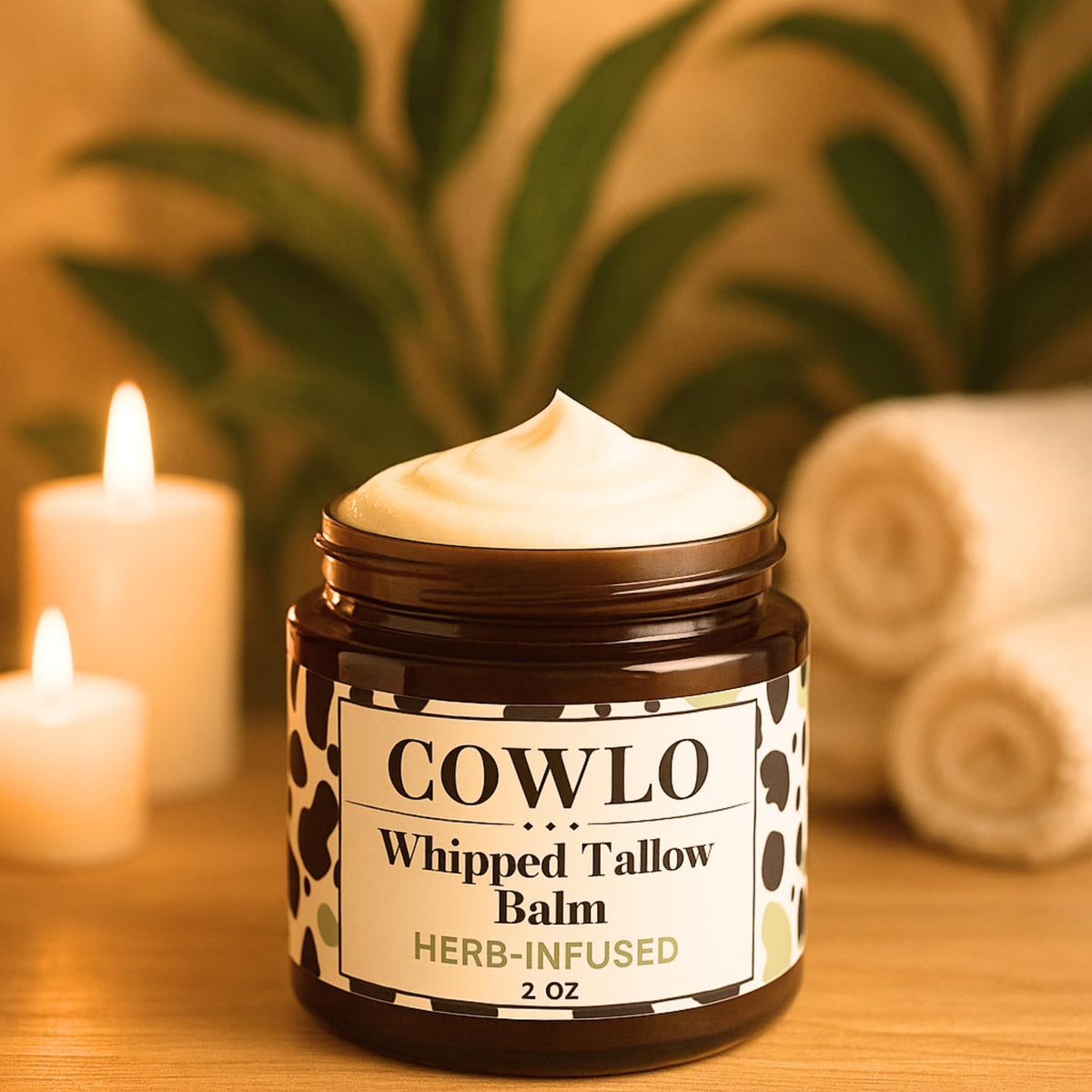 Cowlo Whipped Beef Tallow Body Butter with ingredients