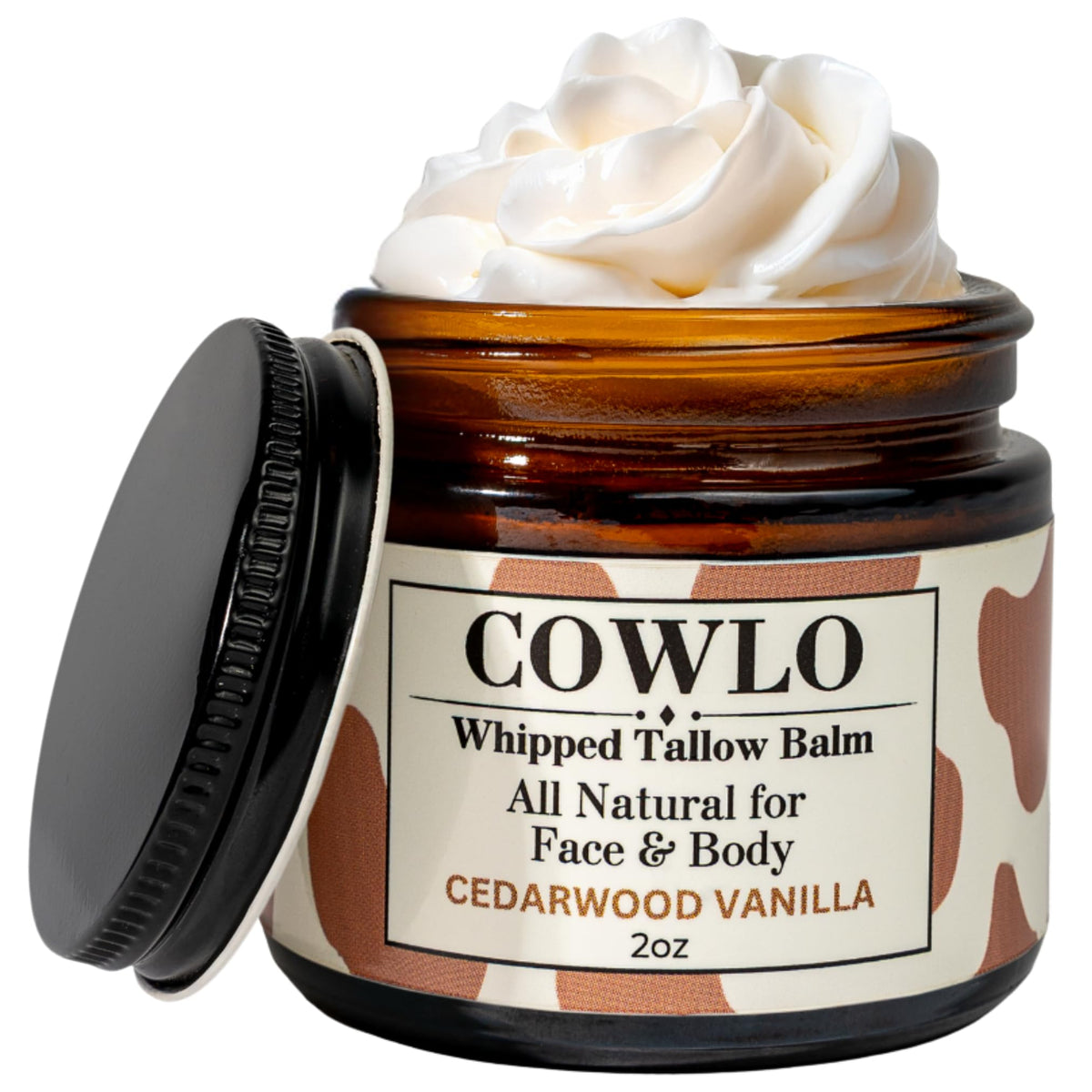 Cowlo Whipped Tallow Balm 2 oz jar front view with cedarwood vanilla scent