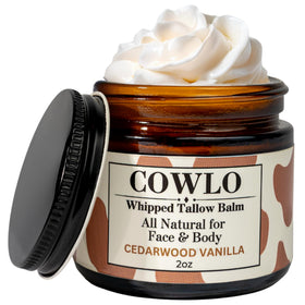 Cowlo Whipped Tallow Balm 2 oz jar front view with cedarwood vanilla scent