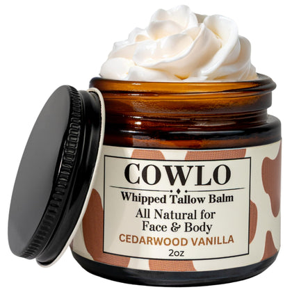 Cowlo Whipped Tallow Balm 2 oz jar front view with cedarwood vanilla scent