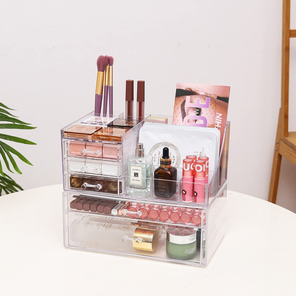 Cq acrylic makeup organizer in a stylish bedroom setting