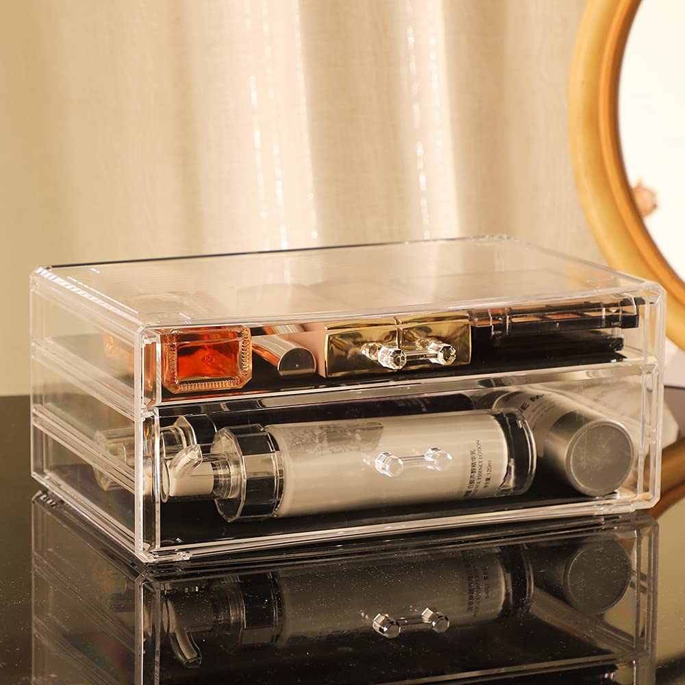 Cq acrylic makeup organizer on a vanity countertop