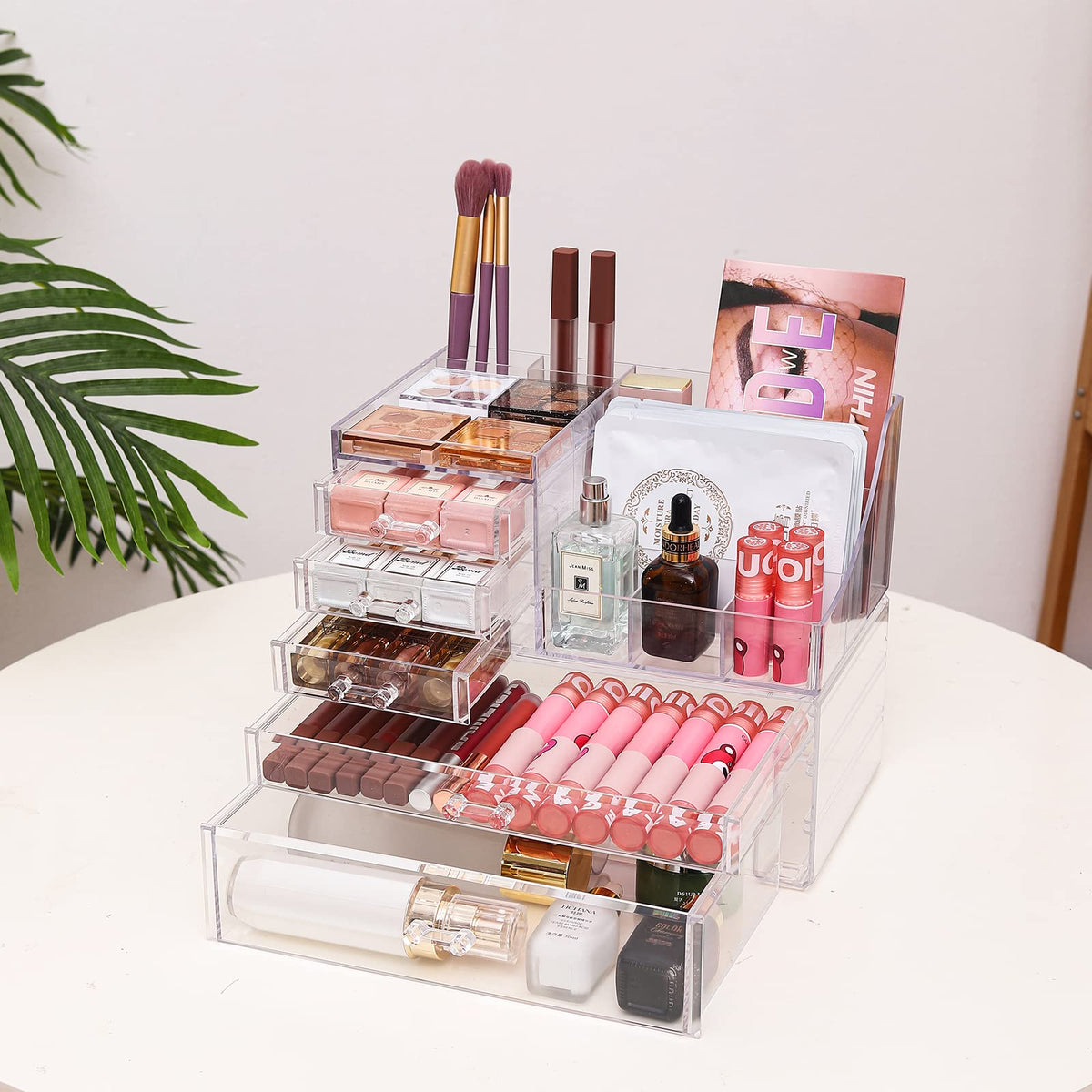 Cq acrylic makeup organizer side view displaying stacked drawers