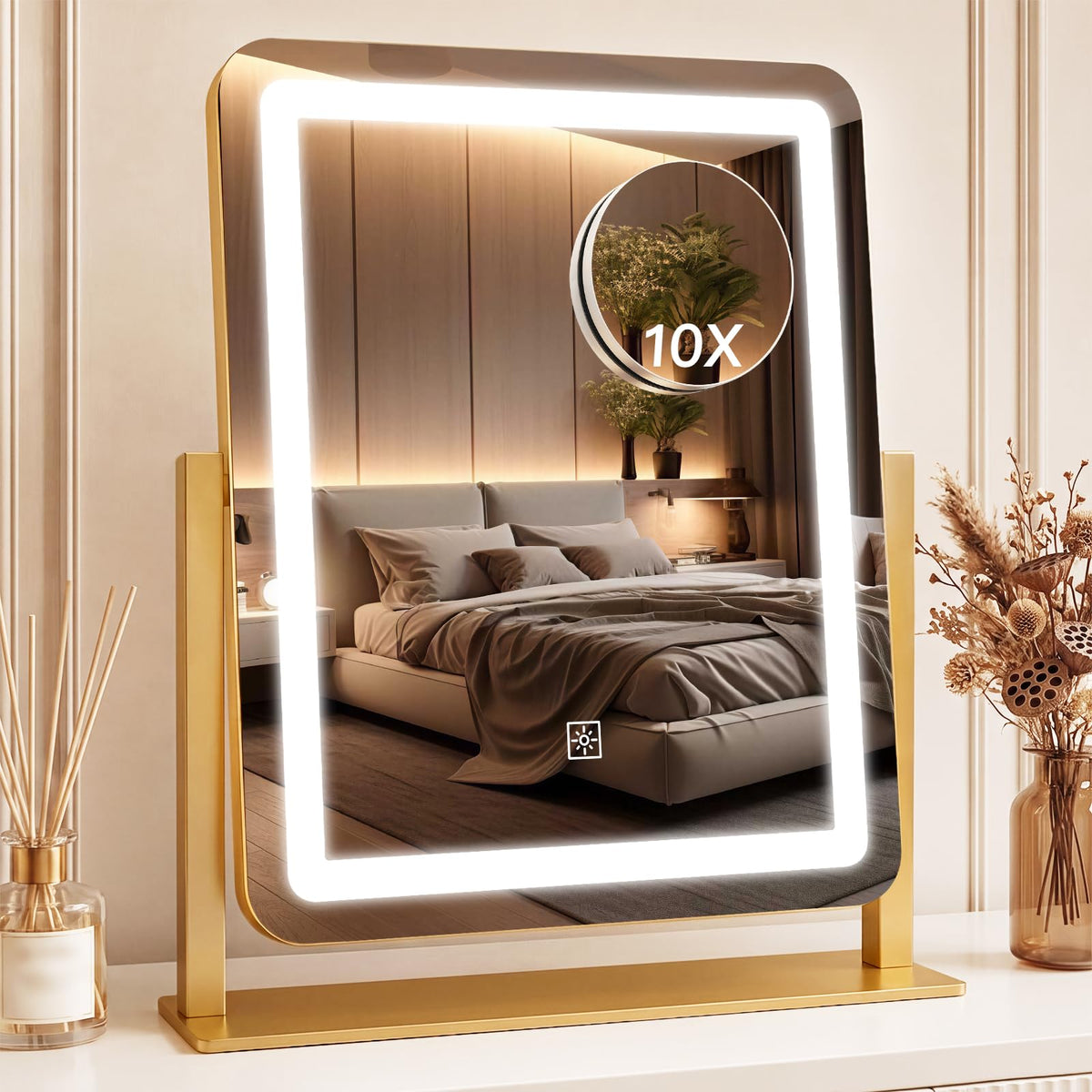 CraftCraze 15x13 Vanity Mirror with lights front view in gold