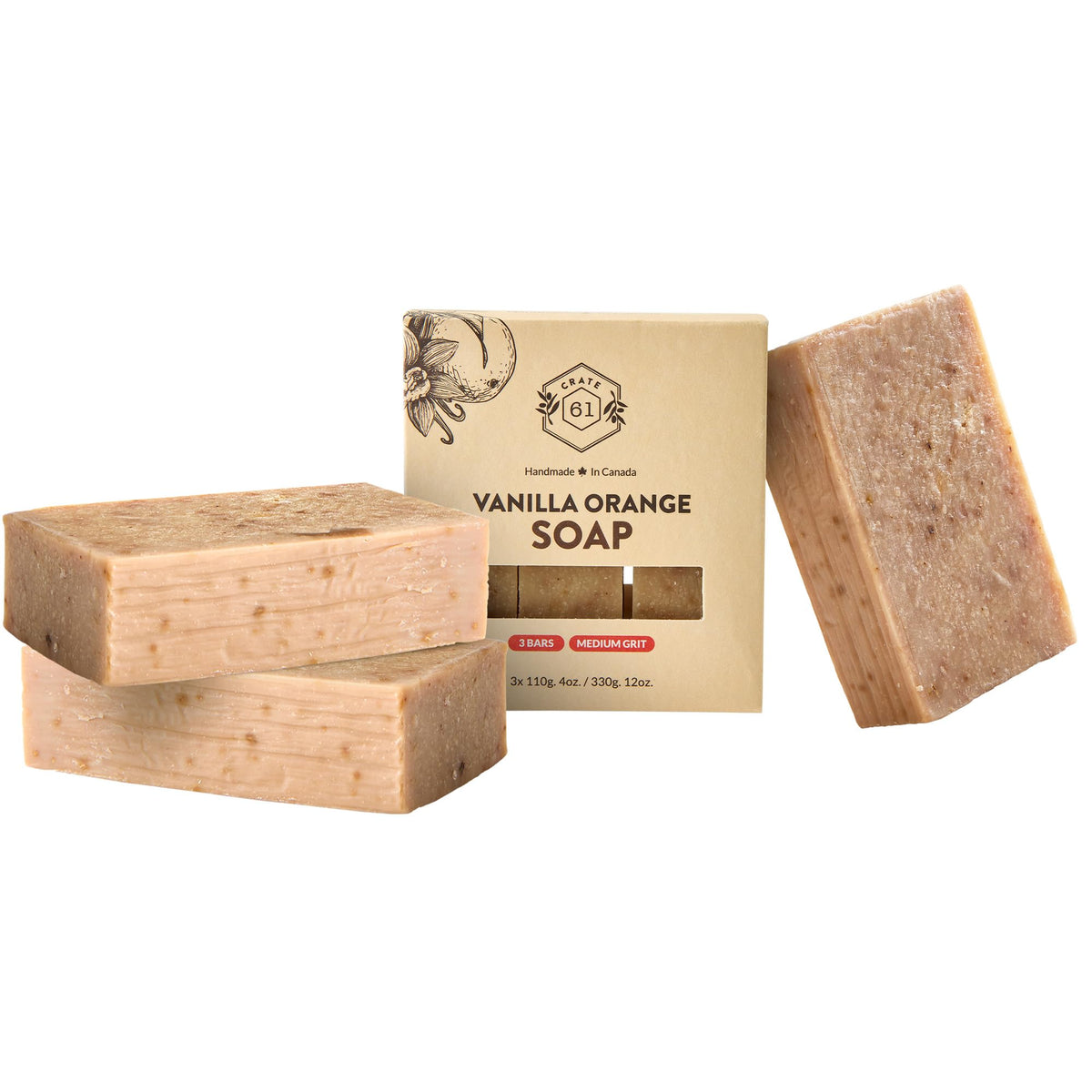 Crate 61 Organics Handmade Natural Bar Soap 3 Pack Vanilla Orange front view