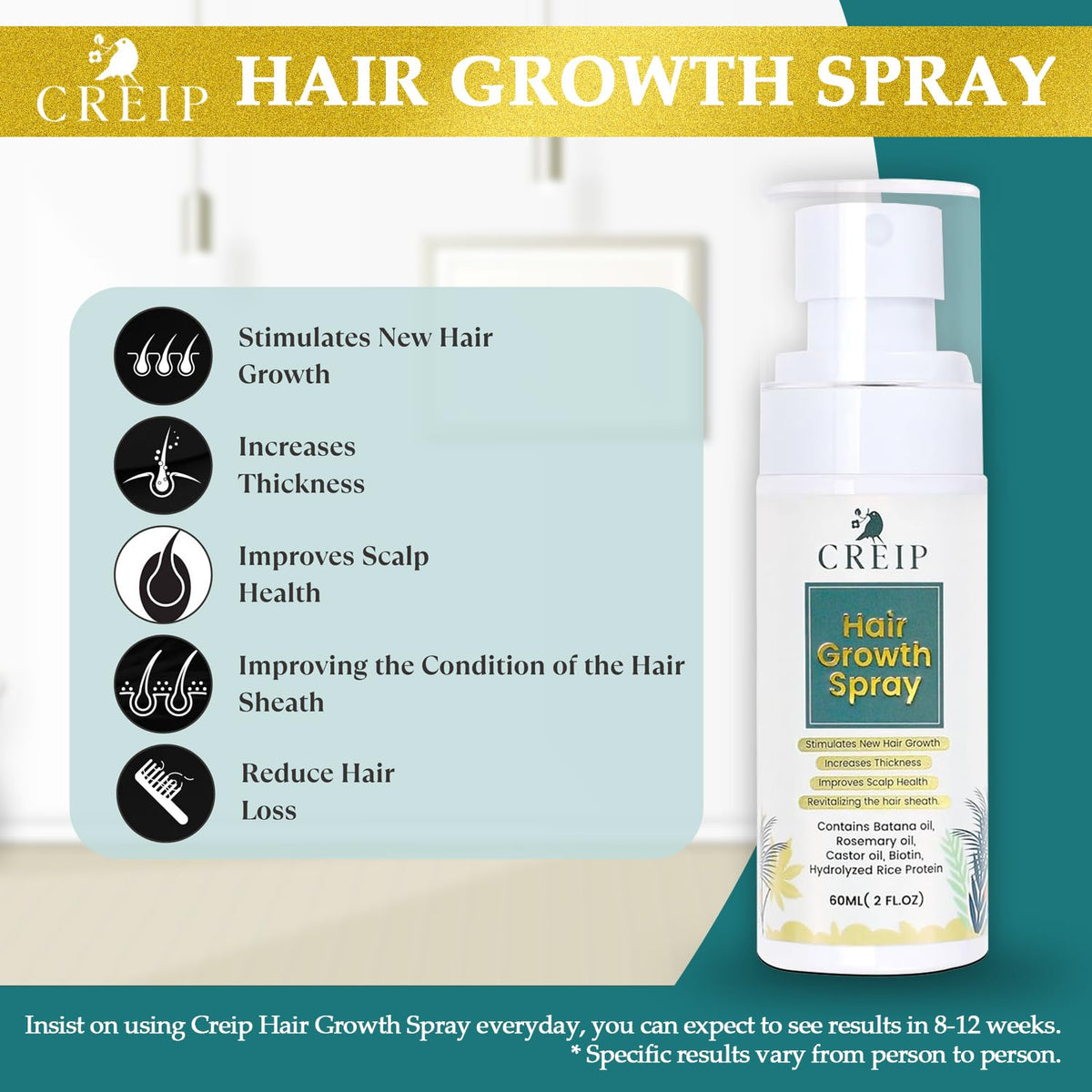 Creip Natural Hair Growth Oil Spray on a bathroom shelf