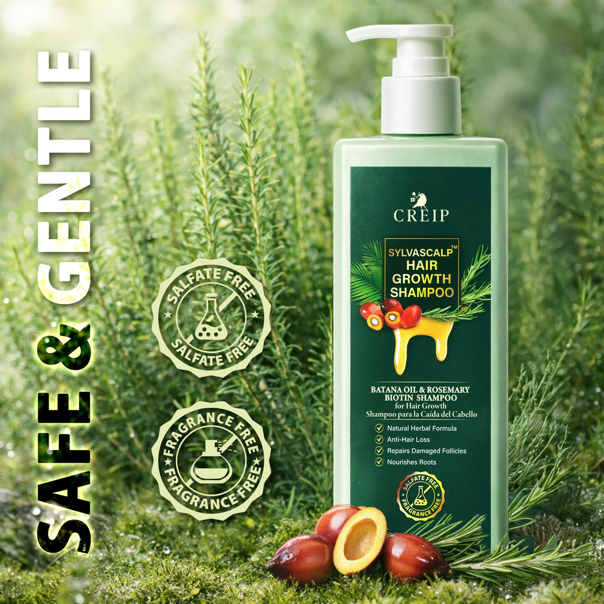 Creip Rosemary & Batana Oil Hair Growth Shampoo packaging on a shelf