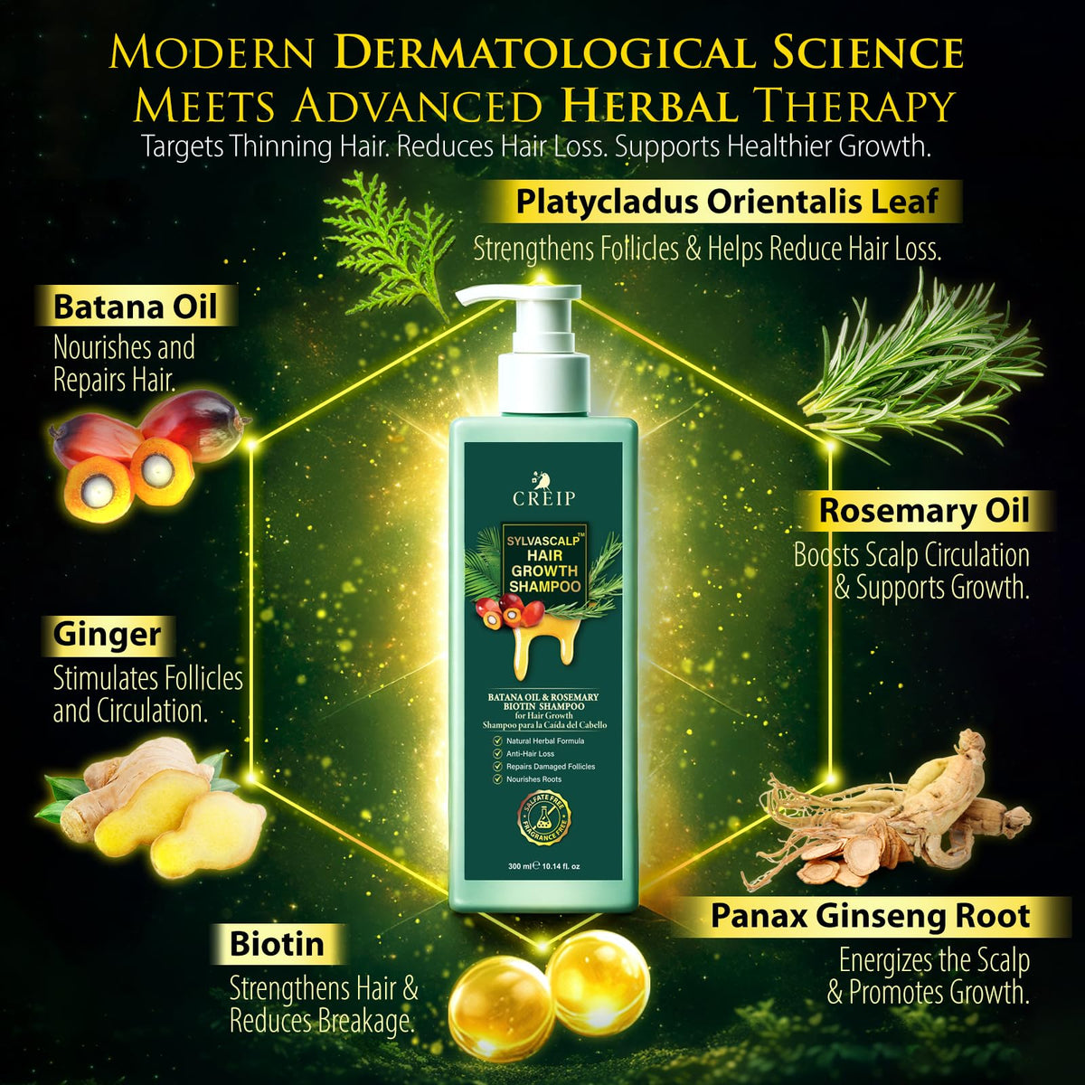 Creip Rosemary & Batana Oil Hair Growth Shampoo side view showing bottle design