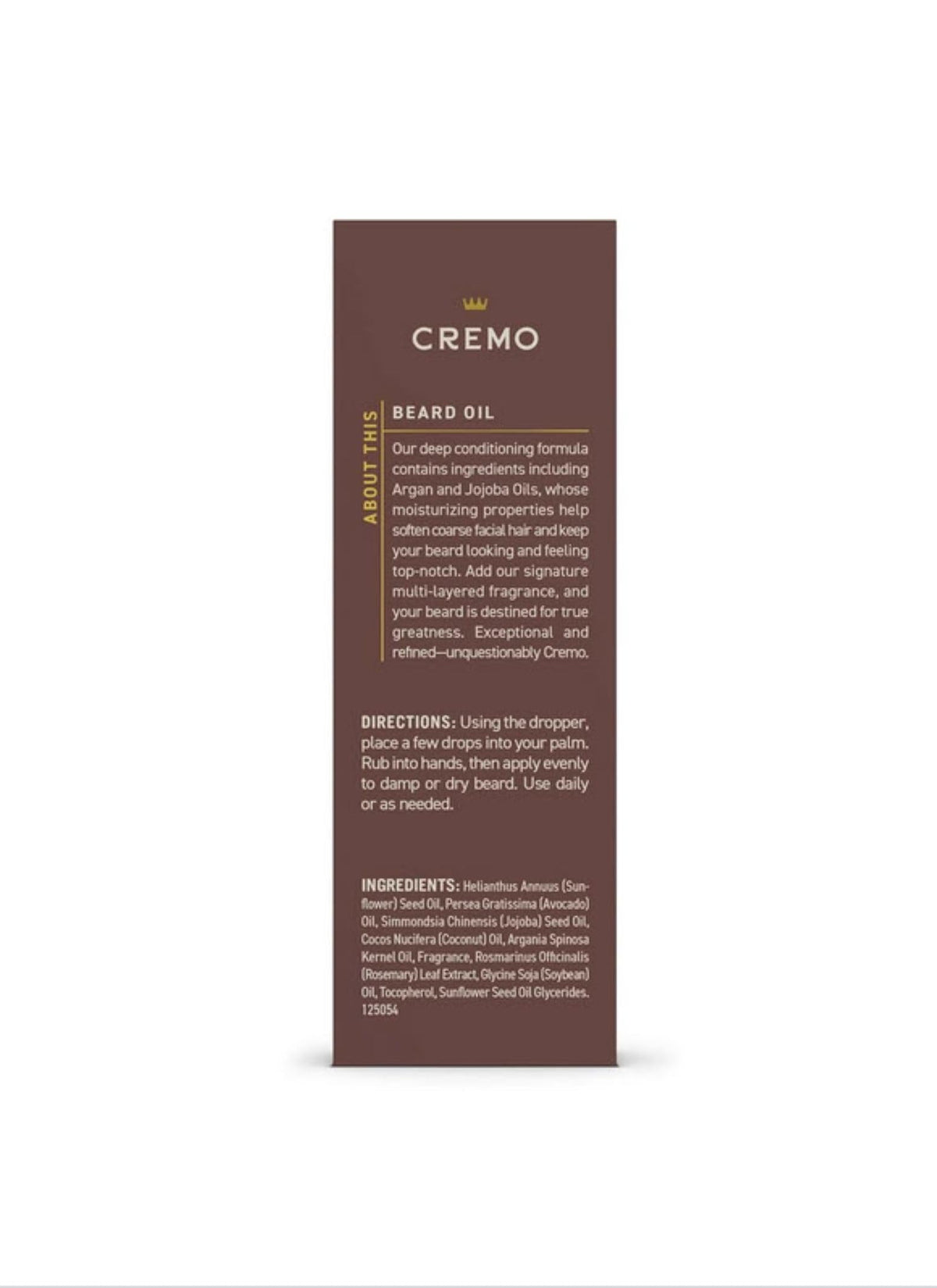 Cremo Beard Oil packaging with ingredients list
