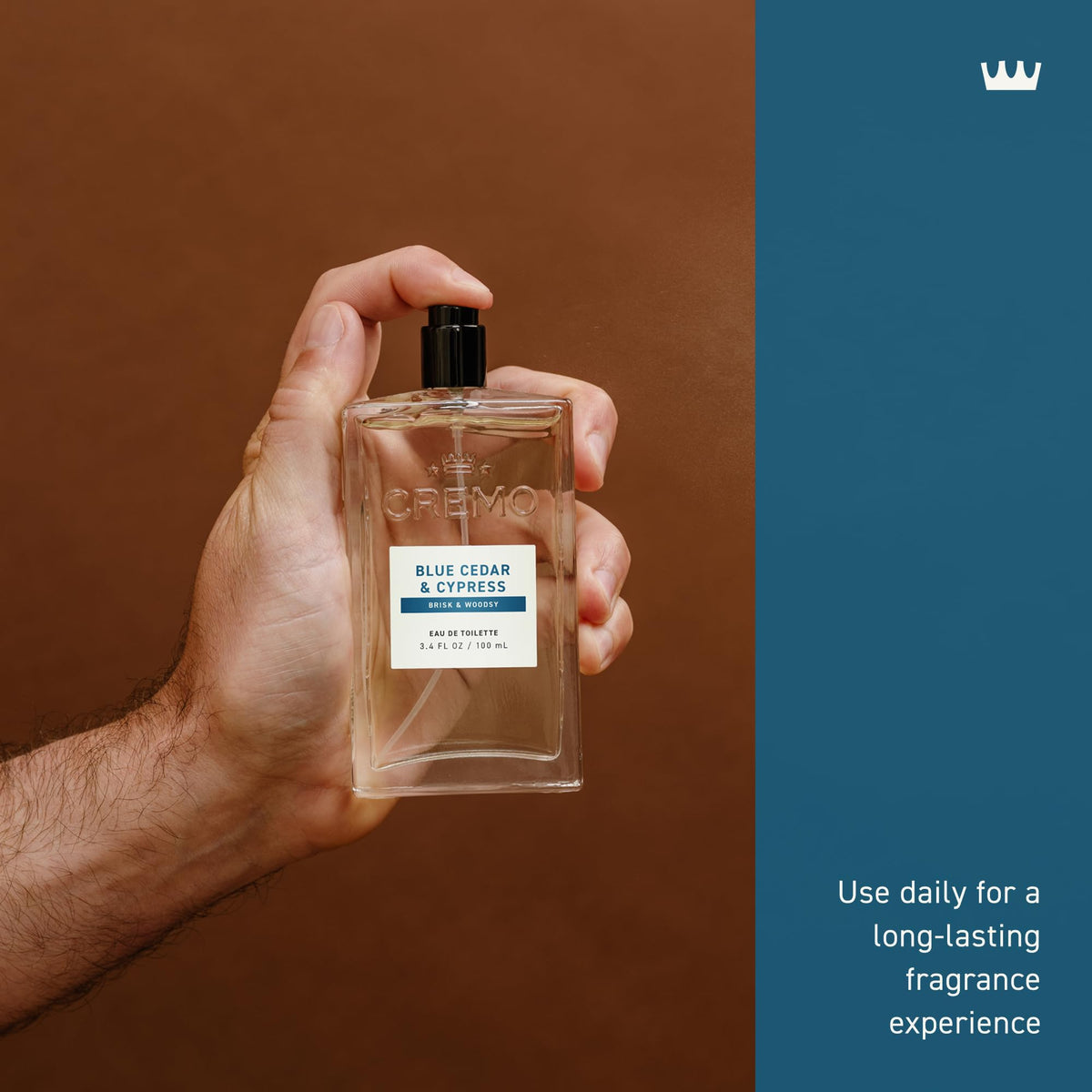 Cremo Blue Cedar & Cypress Cologne Spray bottle side view