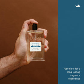 Cremo Blue Cedar & Cypress Cologne Spray bottle side view