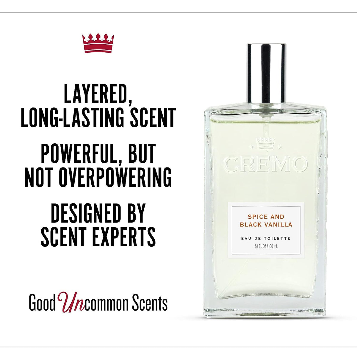 Cremo Spice & Black Vanilla Cologne bottle side view