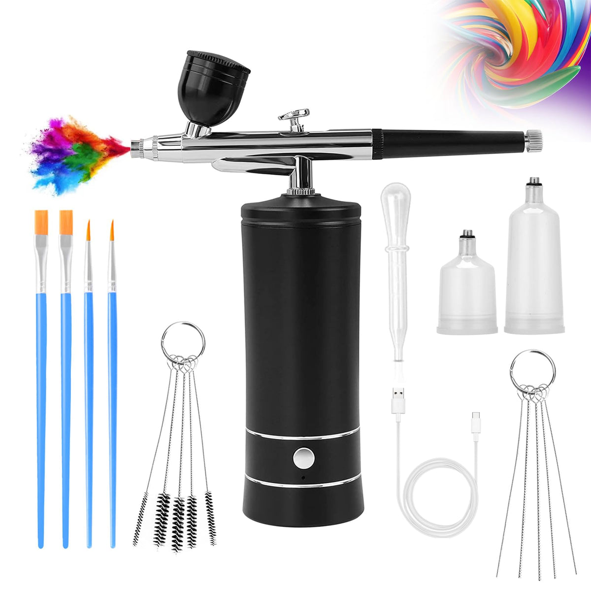 crpen Airbrush Kit with compressor, black model front view