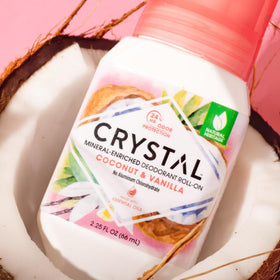 Crystal Essence Coconut + Vanilla Mineral Deodorant Roll-On application