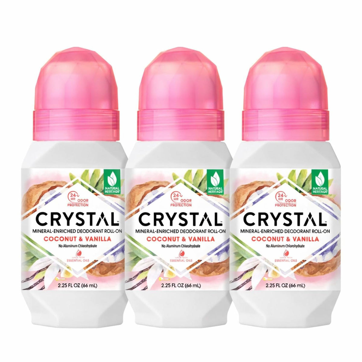Crystal Essence Coconut + Vanilla Mineral Deodorant Roll-On front view