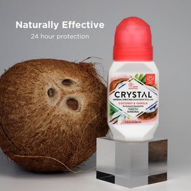 Crystal Essence Coconut + Vanilla Mineral Deodorant Roll-On packaging