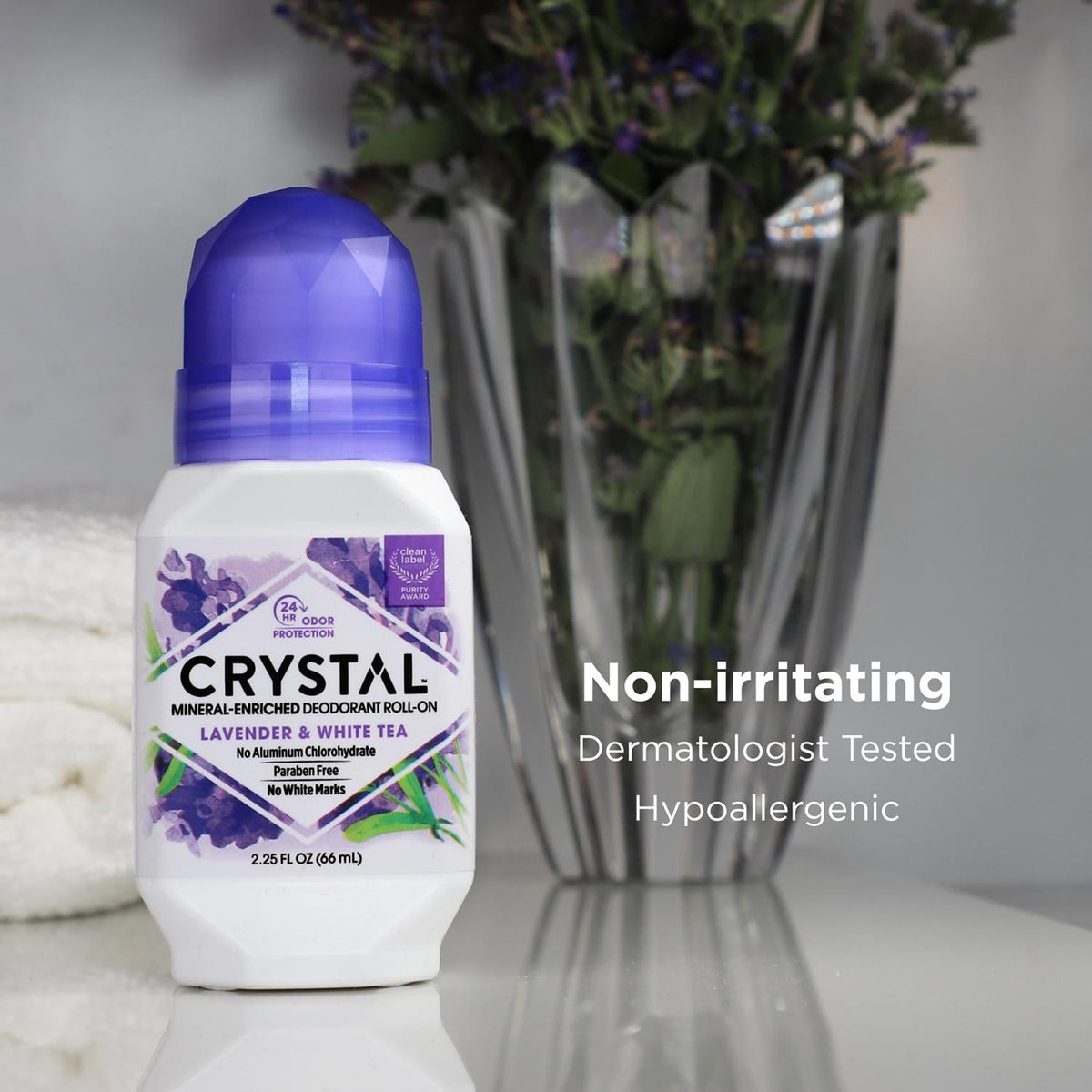 Crystal Essence Lavender & White Tea Deodorant Roll-On packaging
