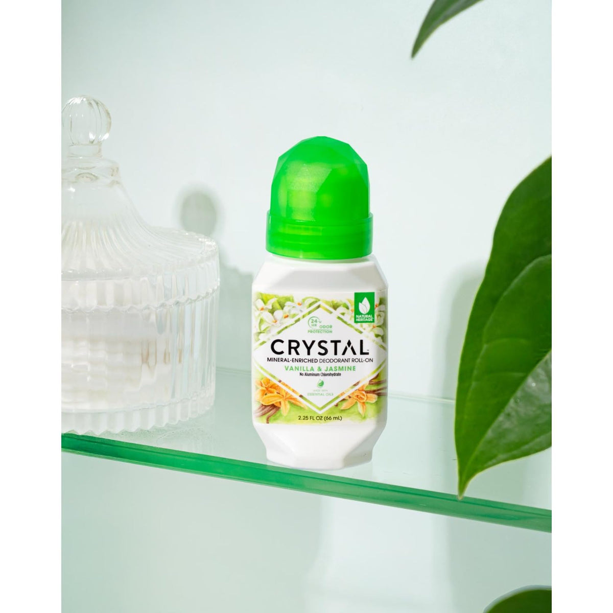 Crystal Essence Mineral Deodorant Roll-On Vanilla + Jasmine application