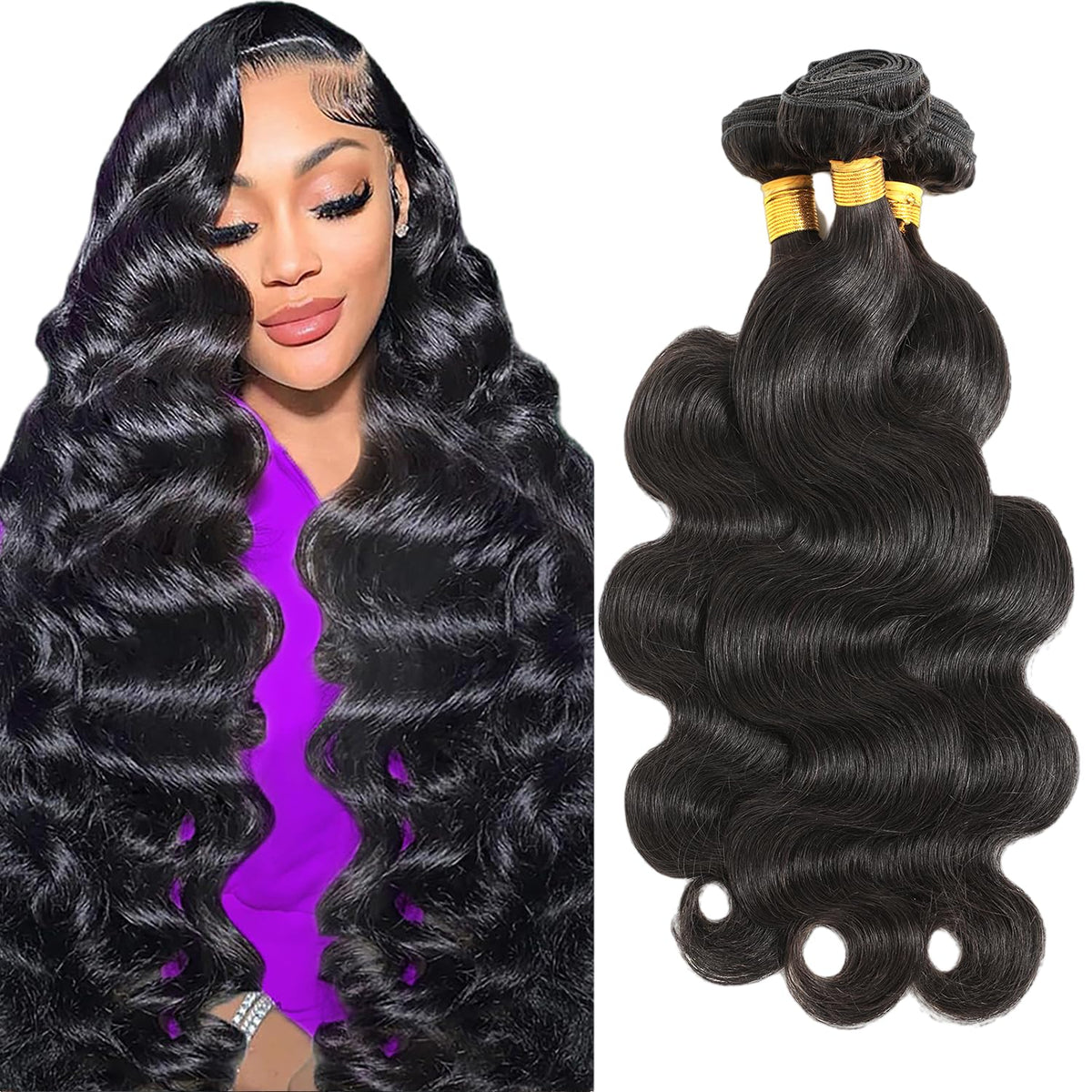 CSCHS Body Wave Bundles 34 Inch natural black hair front view