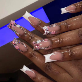 CTTHNBD Medium Press on Nails Square White French Tip with Floral Charms front view