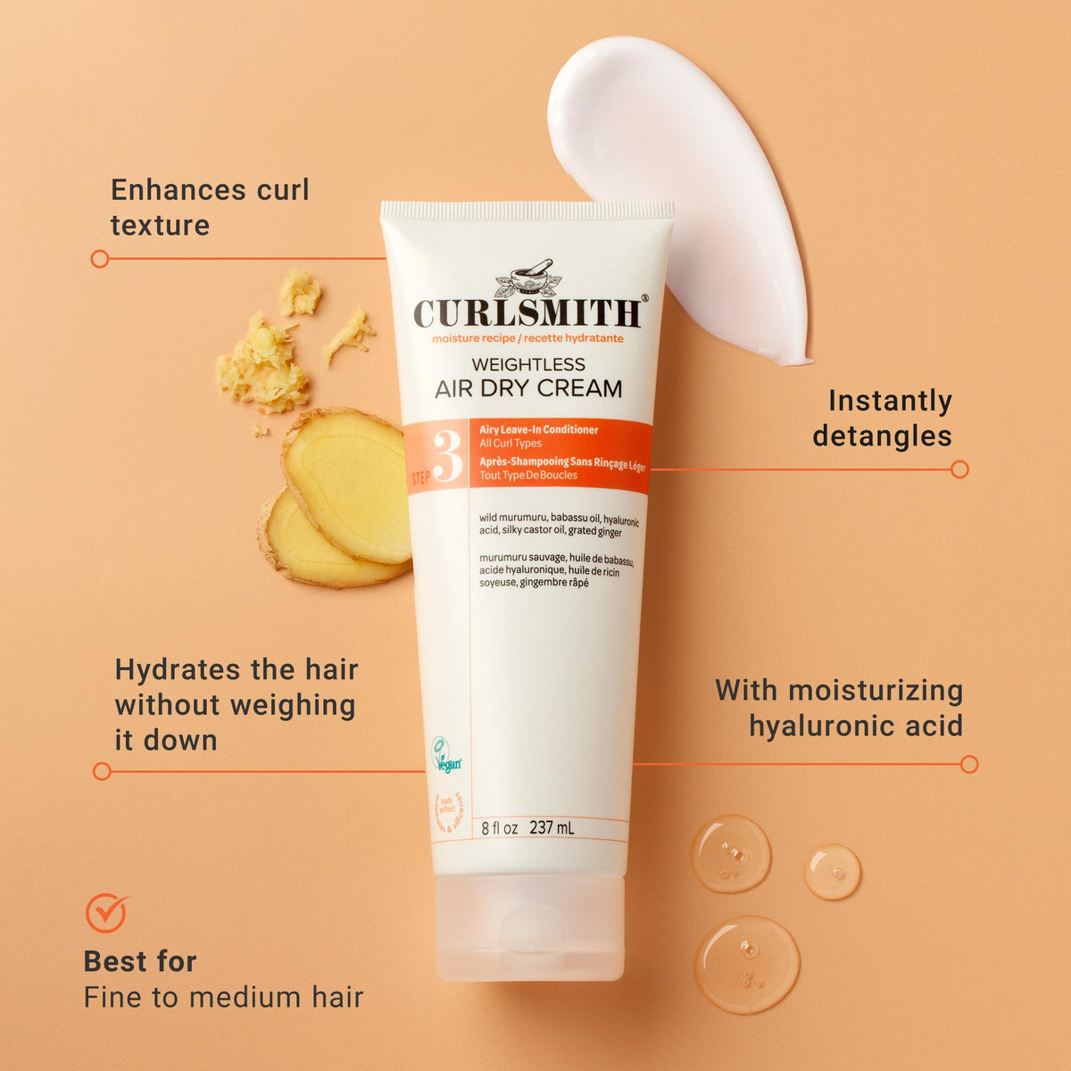 CURLSMITH Weightless Air Dry Cream back view with ingredient list