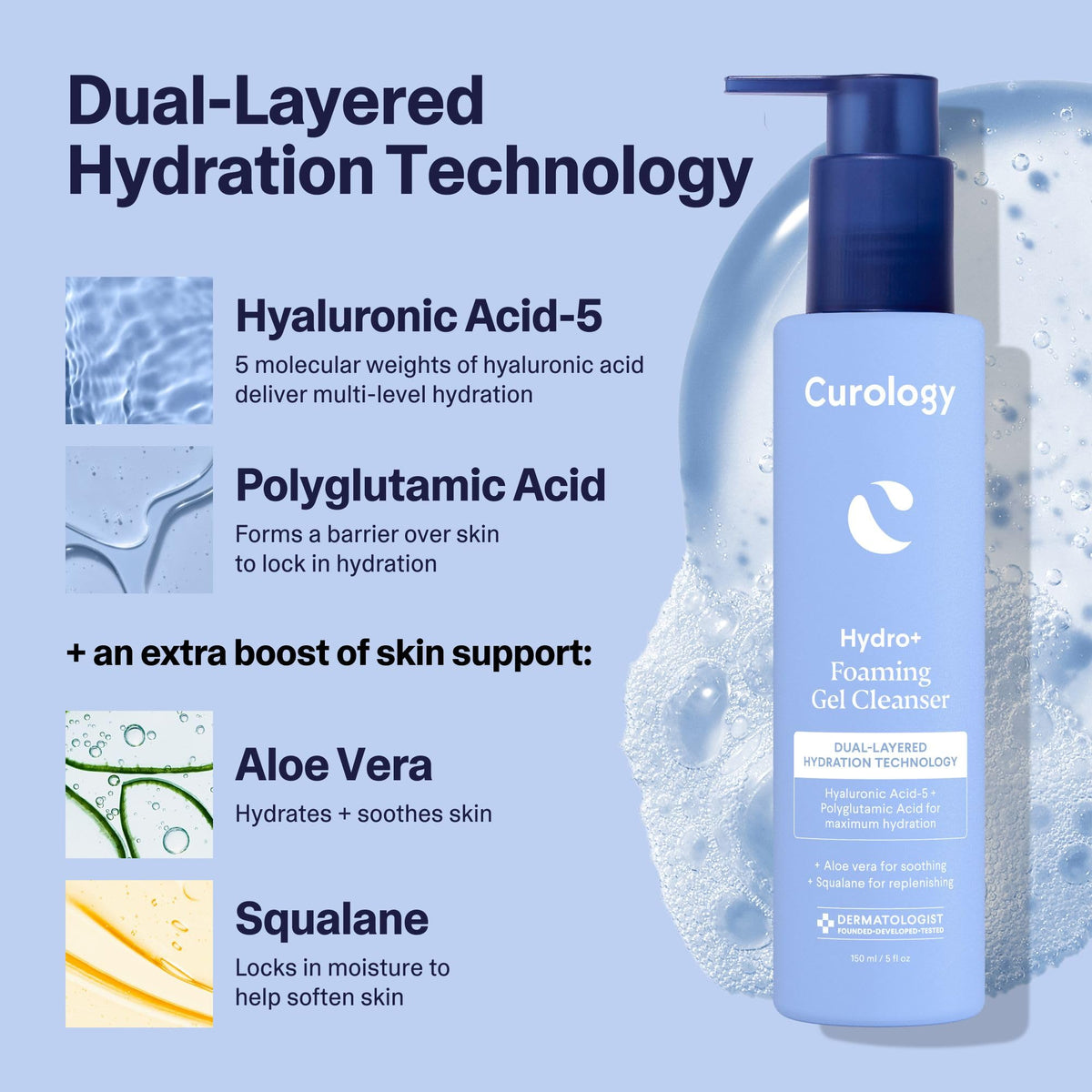 Curology Hydro+ Gel Face Wash on a bathroom counter with skincare products