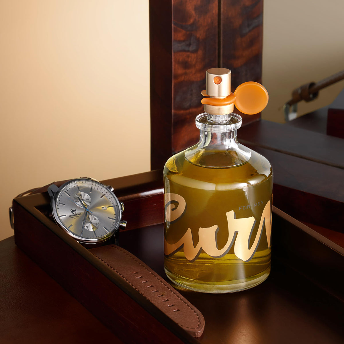Curve for Men Cologne on a wooden table