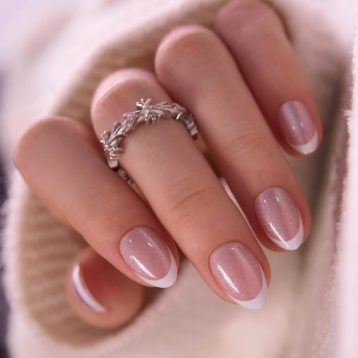 CurvLife Extra Short Almond French Tip Press On Nails front view