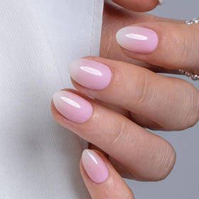 CurvLife Extra Short Almond Ombre Press On Nails in Silk Fade Nude Pink front view