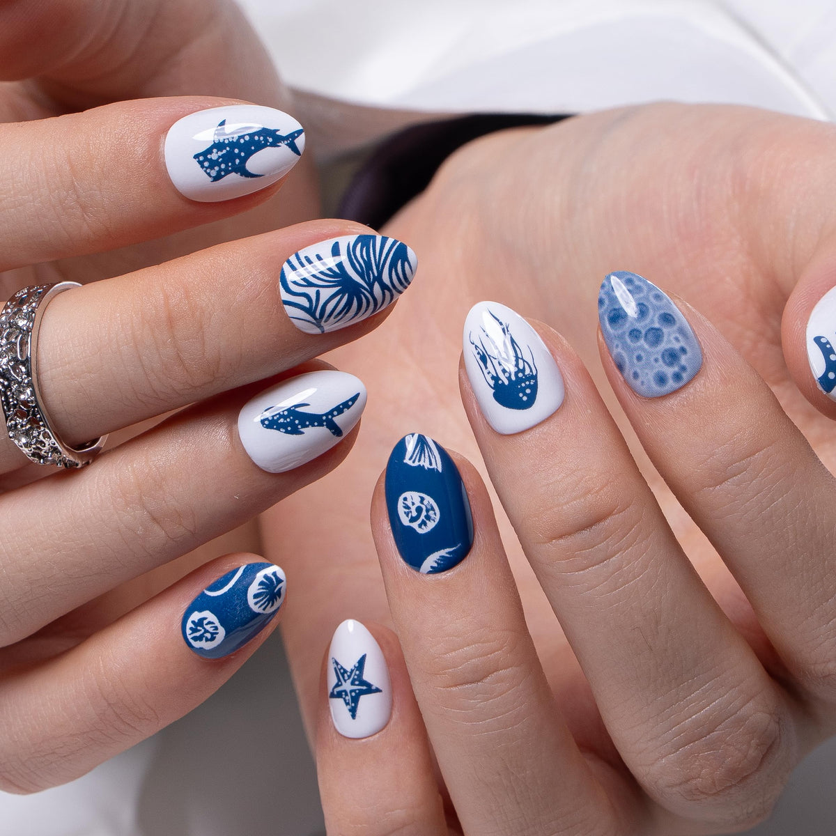 CurvLife Extra Short Almond Press On Nails Azure Tide Blue front view