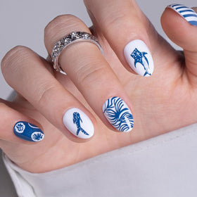 CurvLife Extra Short Almond Press On Nails Azure Tide Blue with nail glue and accessories