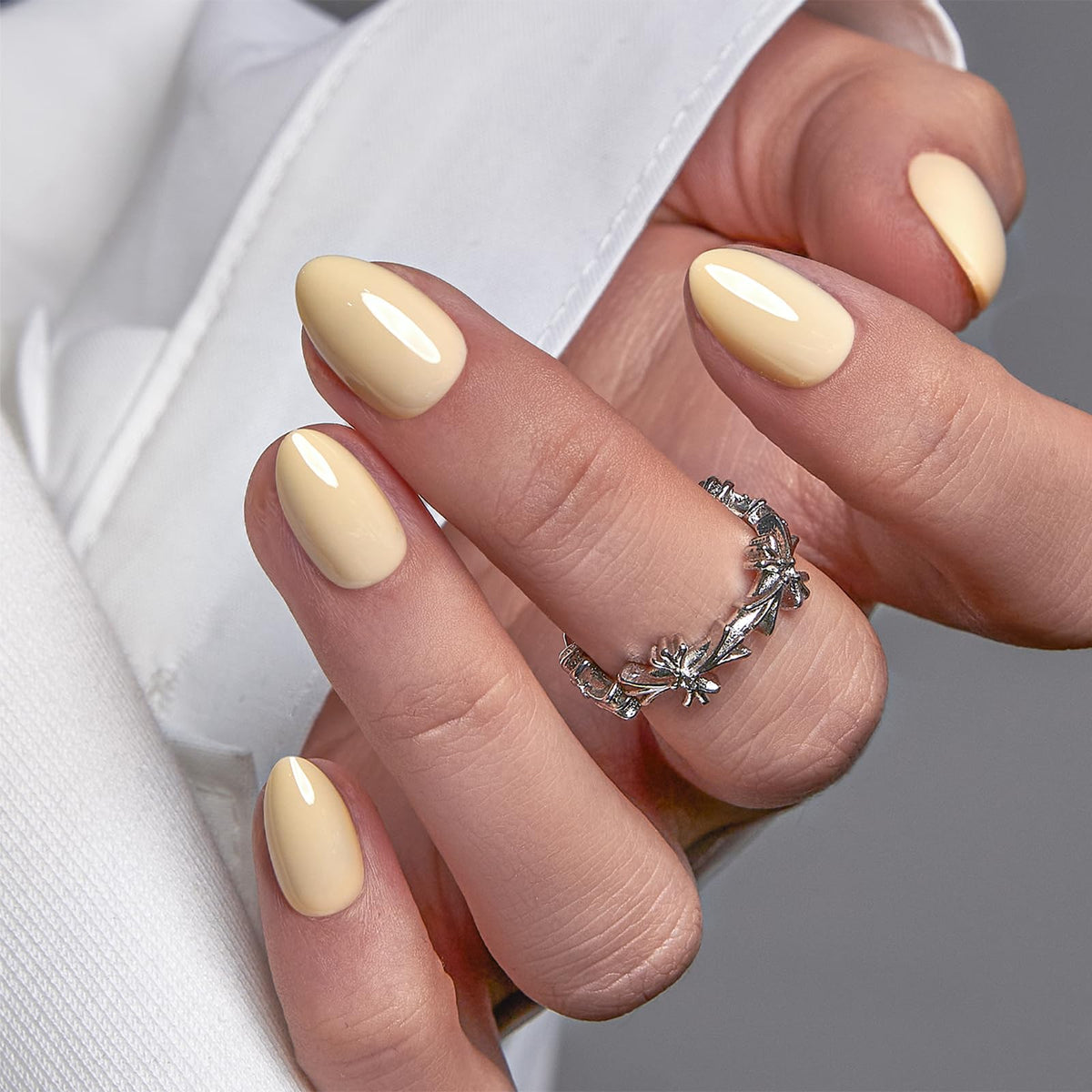 CurvLife Extra Short Almond Press On Nails in Berry Yellow front view