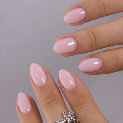 CurvLife Extra Short Almond Press On Nails in Blush Veil Nude Pink front view
