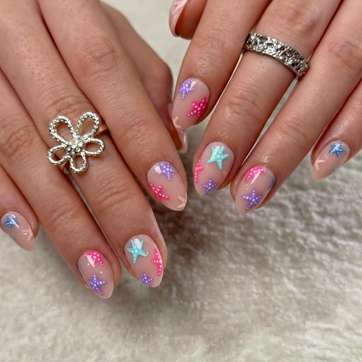 CurvLife Extra Short Almond Press On Nails in Summer Candy Tide Blue Pink front view