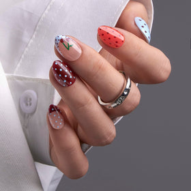 CurvLife Extra Short Almond Press On Nails kit contents including glue and adhesive tabs