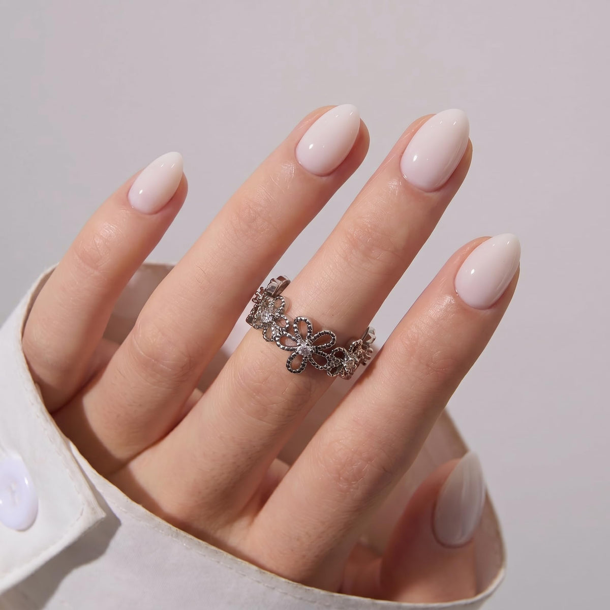 CurvLife Extra Short Almond Press On Nails Luna Silk Milky White front view